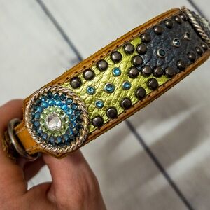 16 Inch Leather Dog Collar w Swarovski Studded Conchos